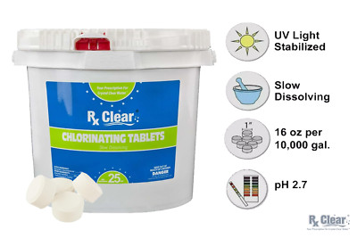 Rx Clear 1'' Inch 99% Trichloro Stabilized Swimming Pool Chlorine Tablets- 25 lbs