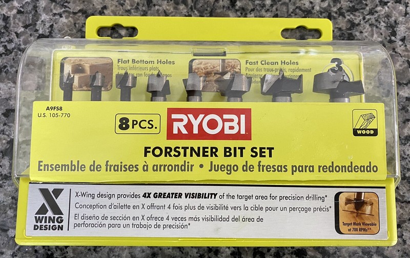 RYOBI Forstner Bit Set 8.27 in. 3-Flat Shank X-Wing Precision Cutting (8-Piece)