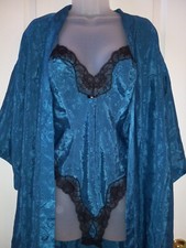 Vintafe 90s Delicates Blue Paisley Snap Crotch Teddy Nighty Lingerie Robe Set