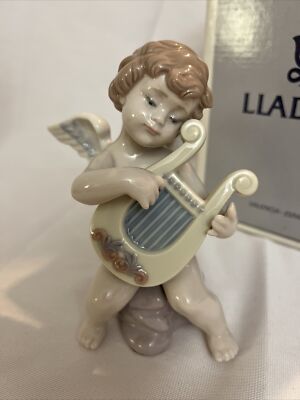 Lladro #6628 Adagio Angel Cherub Playing Harp Porcelain Figurine w