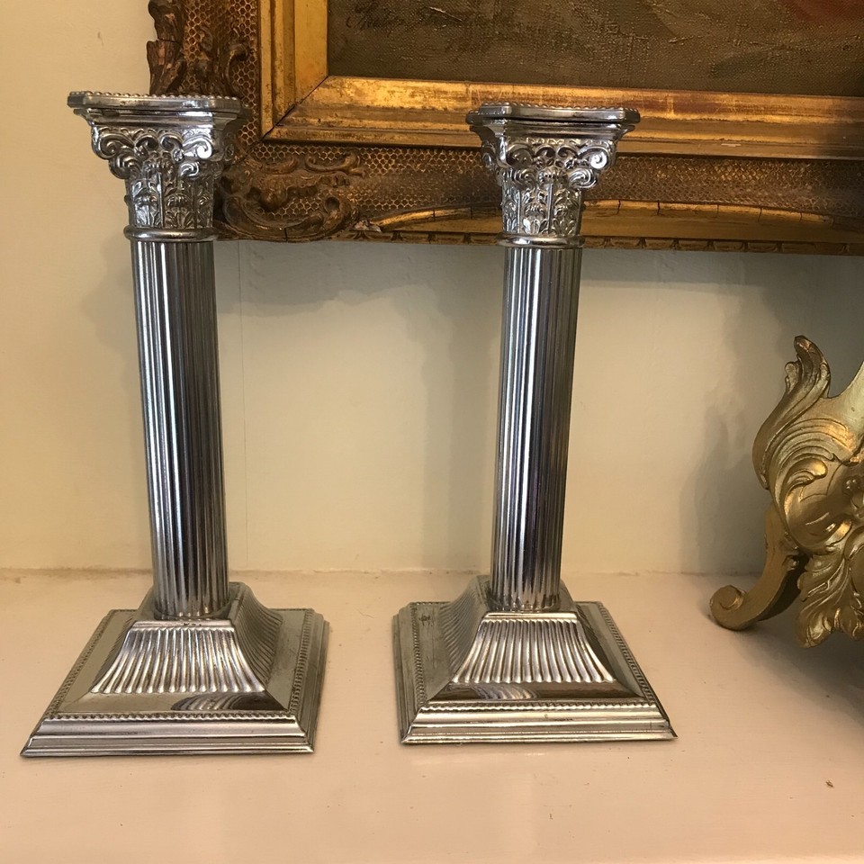 Antique Pair candlesticks Corinthian Column Chrome 1930s Candle holders