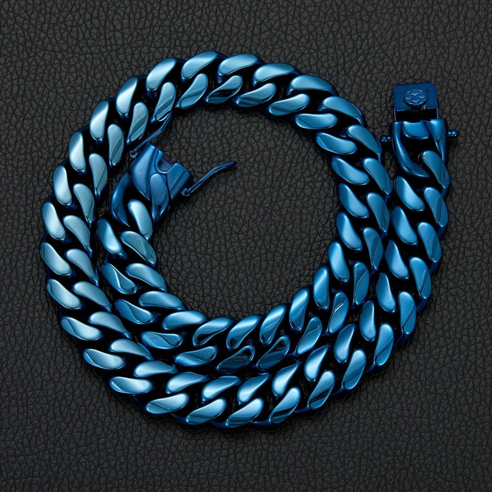 Pulsera Collar Cadena Cubana Miami Color Azul Acero Inoxidable 14mm Foto 2 de 4