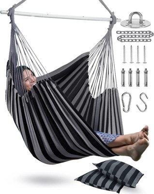 Hammock Chair Hanging Rope Swing with 2 Cushions - Max 500lbs-Perfect