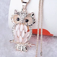 Jewelry Crystal Opal Owl Pendant Chain Gold Sweater Long Necklace Christmas Gift