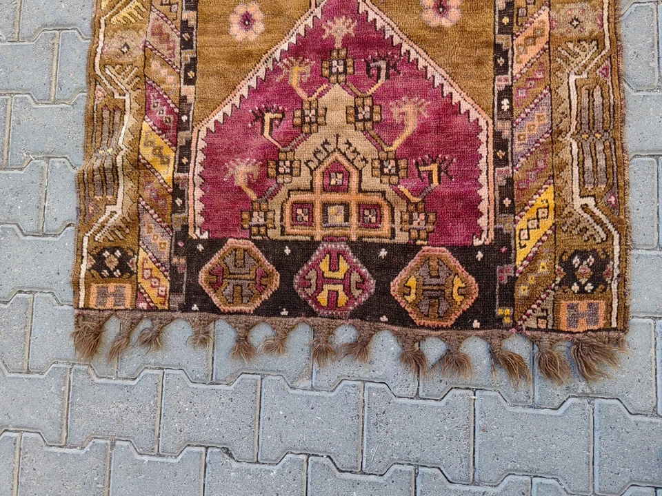Vintage Turkish Runner Rug 3.6x9.6 ft | Magenta Camel Anatolian Carpet - Image 2 of 4