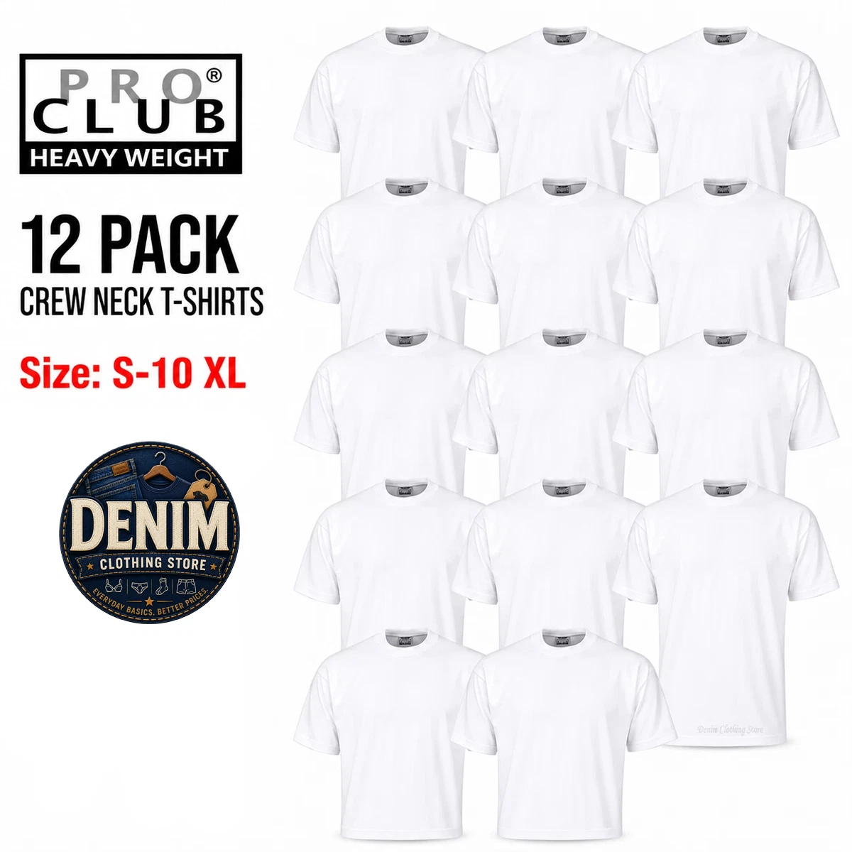 12 Pack Pro Club Men’s Heavyweight 100% Cotton White Crew Neck T Shirts Tee
