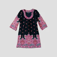 INC Paisley Boho Midi Dress Womens Sheer Sleeve Whimsigoth L Stretch Black Pink