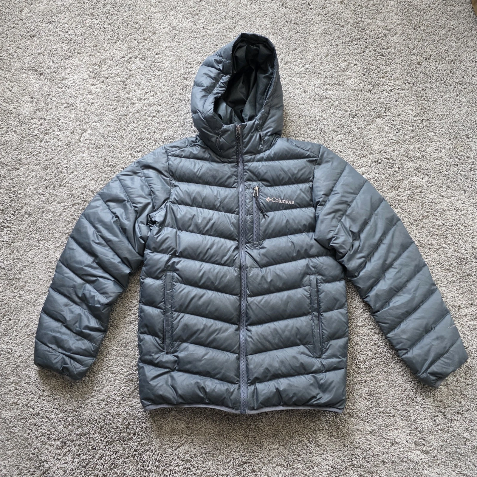 COLUMBIA Omni Heat DUCK DOWN Fill Full Zip Puffer HOOD Jacket Men's SMALL S Gray