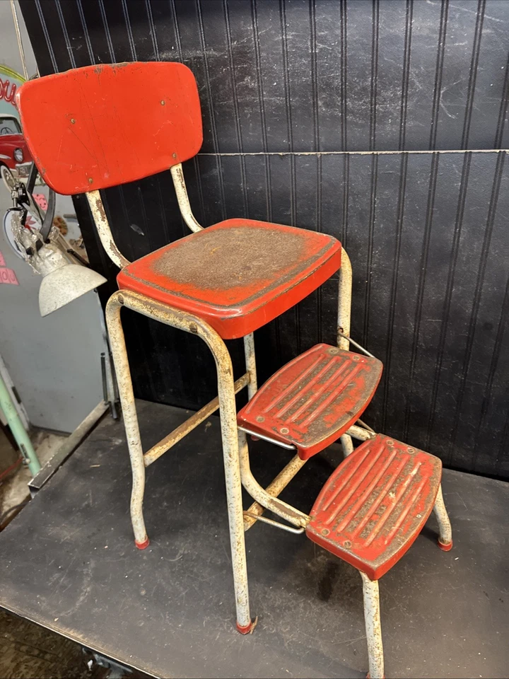 Primitive Century Cosco Retro Style Farmhouse Counter Chair/Step Stool Red White - Image 2 of 4