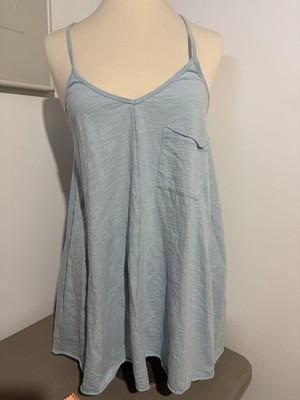 Hem&Thread Women s Med blue camisole-style cotton tank dress front patch pocket