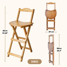 Wooden Foldable Bar Stool Bamboo Kitchen Counter Height Stools with Backrest UK