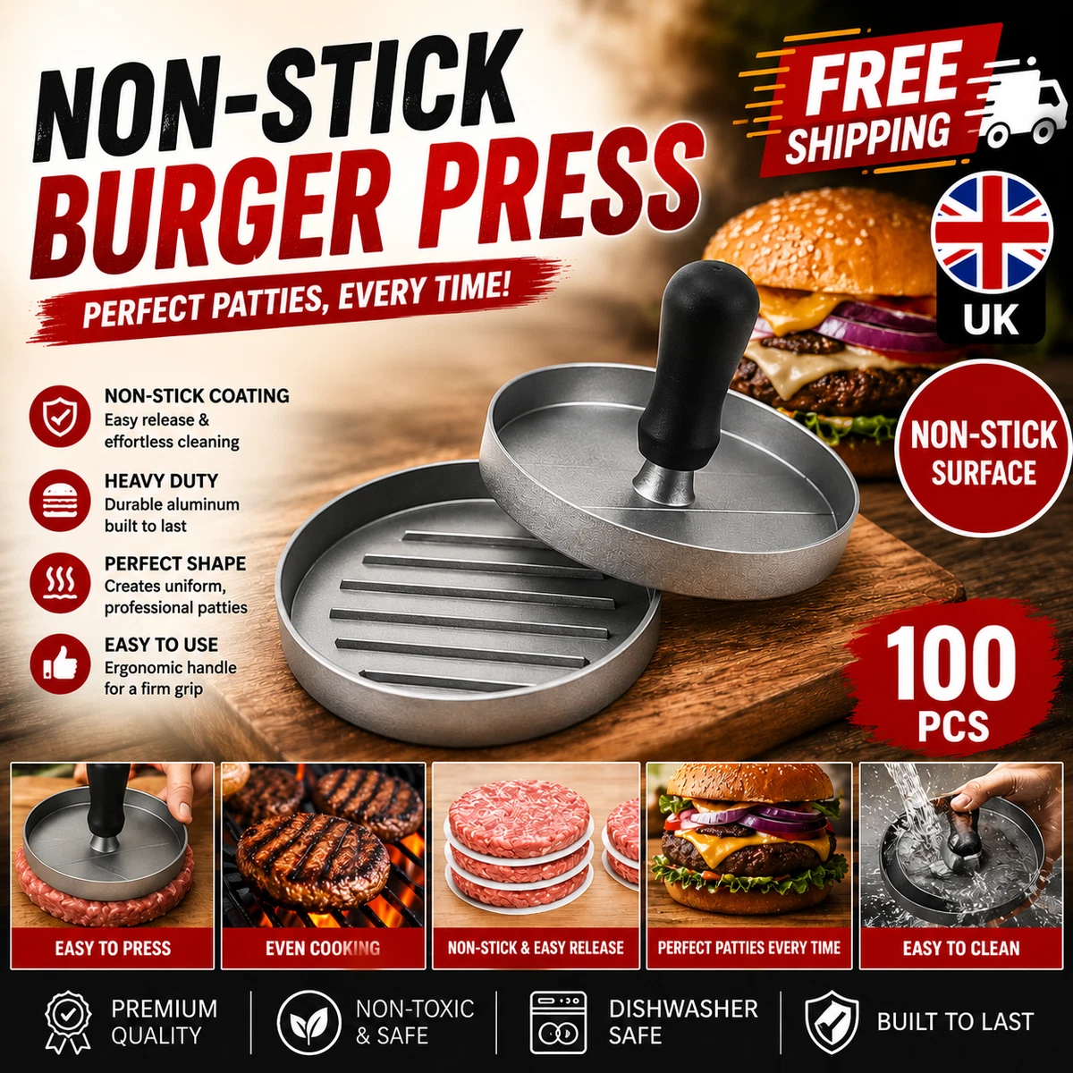 Prensa de hamburguesas redonda de acero inoxidable aplastador de hamburguesas barbacoa de alta resistencia Reino Unido