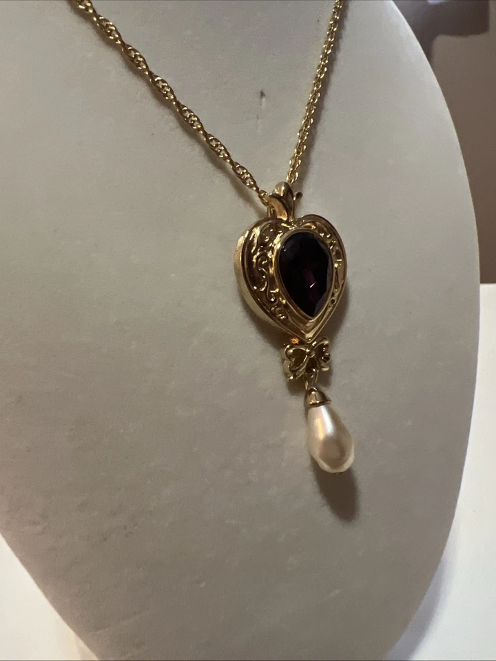"Collar colgante colgante de perlas con corazón de amatista Avon años 80 de colección 28""" Foto 3 de 4