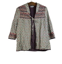 World Market Blue Red Boho Cream Floral Embroidered Long Sleeve Kimono Cardigan