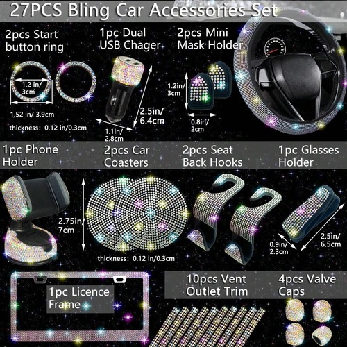 XJWC 27pcs Bling Car Accessories Set For Women, Bling Steering Wheel Covers - Picture 46 of 62