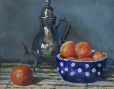 Ancienne Nature morte aux clémentines et au samovar gouache Epernay