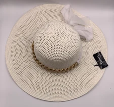 Poly/Paper Wide Brim White Straw Hat Gold Chain and Bow Band One Size