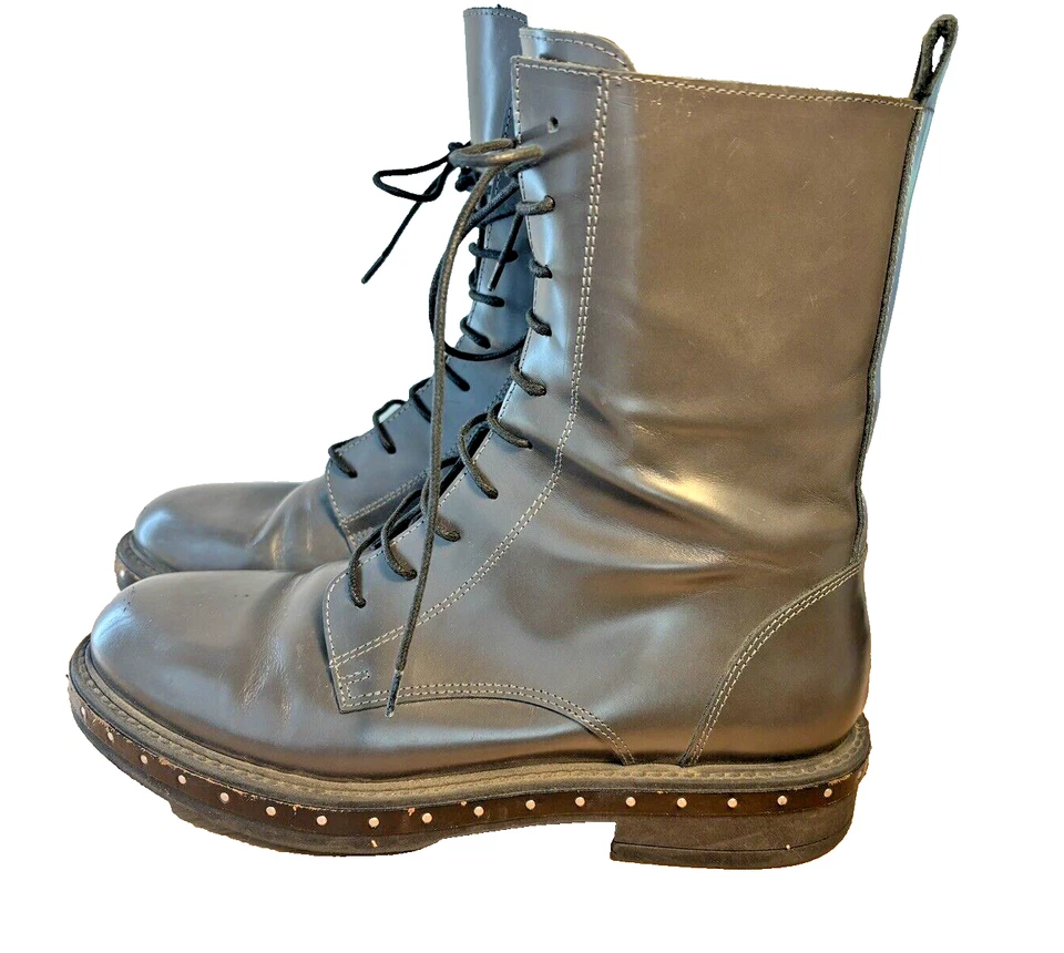 Barney's New York Botas de Combate de Cuero Gris con Cordones Tachuelas EU 38 US 8 Foto 2 de 4