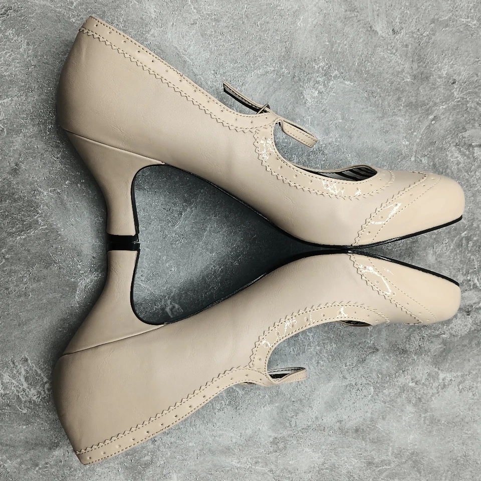 Nuevo sin etiquetas Pleaser Jenna 06 imitación cuero crema Mary Jane bomba gatito tacones talla 16 Foto 4 de 4