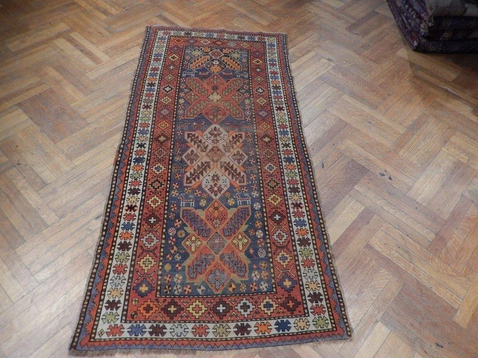 4x8' Rust Antique Russian Kazak Runner Light Blue 23365 - Image 3 of 4