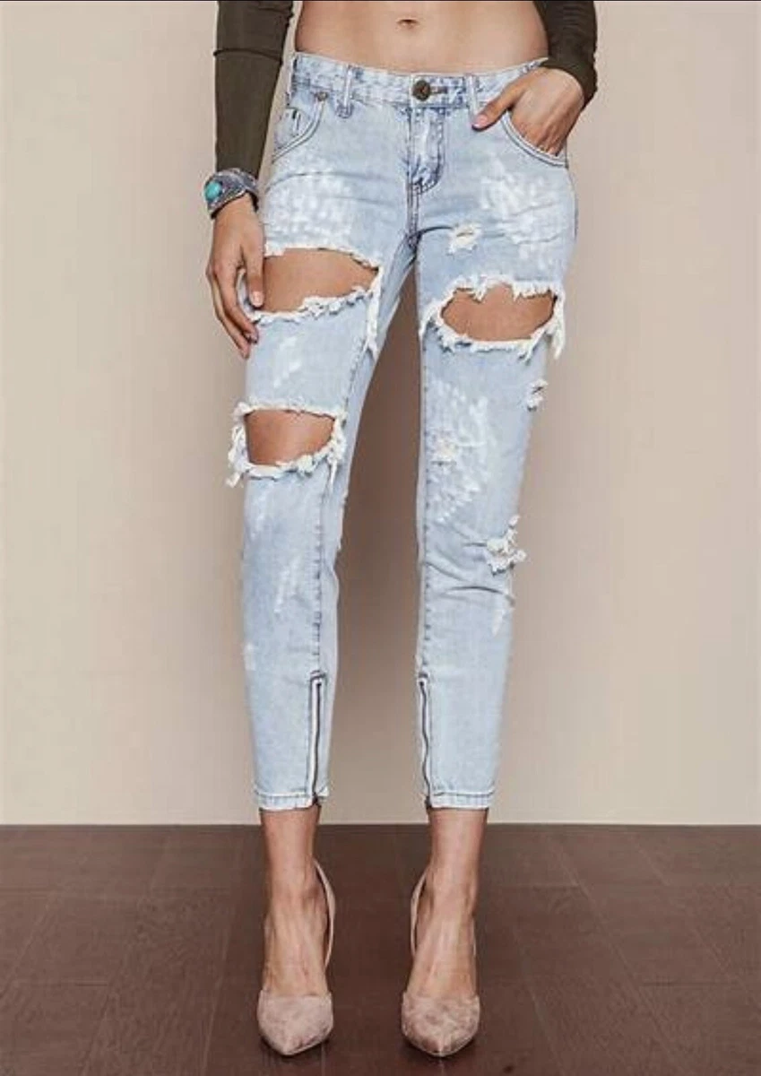 One Teaspoon Jeans Womens 27 Blue Free Birds Skinny Grunge Cropped Zip Ankle