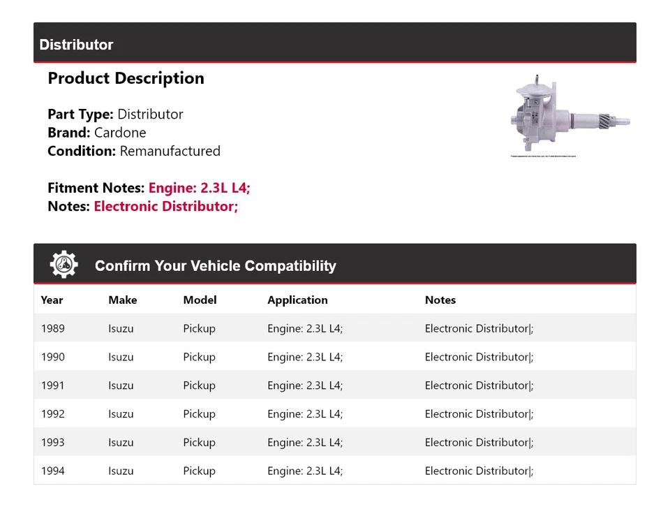 Para camioneta Isuzu 1989-1994 2,3 L L4 distribuidor Cardone 1990 1991 1992 1993 Foto 2 de 4