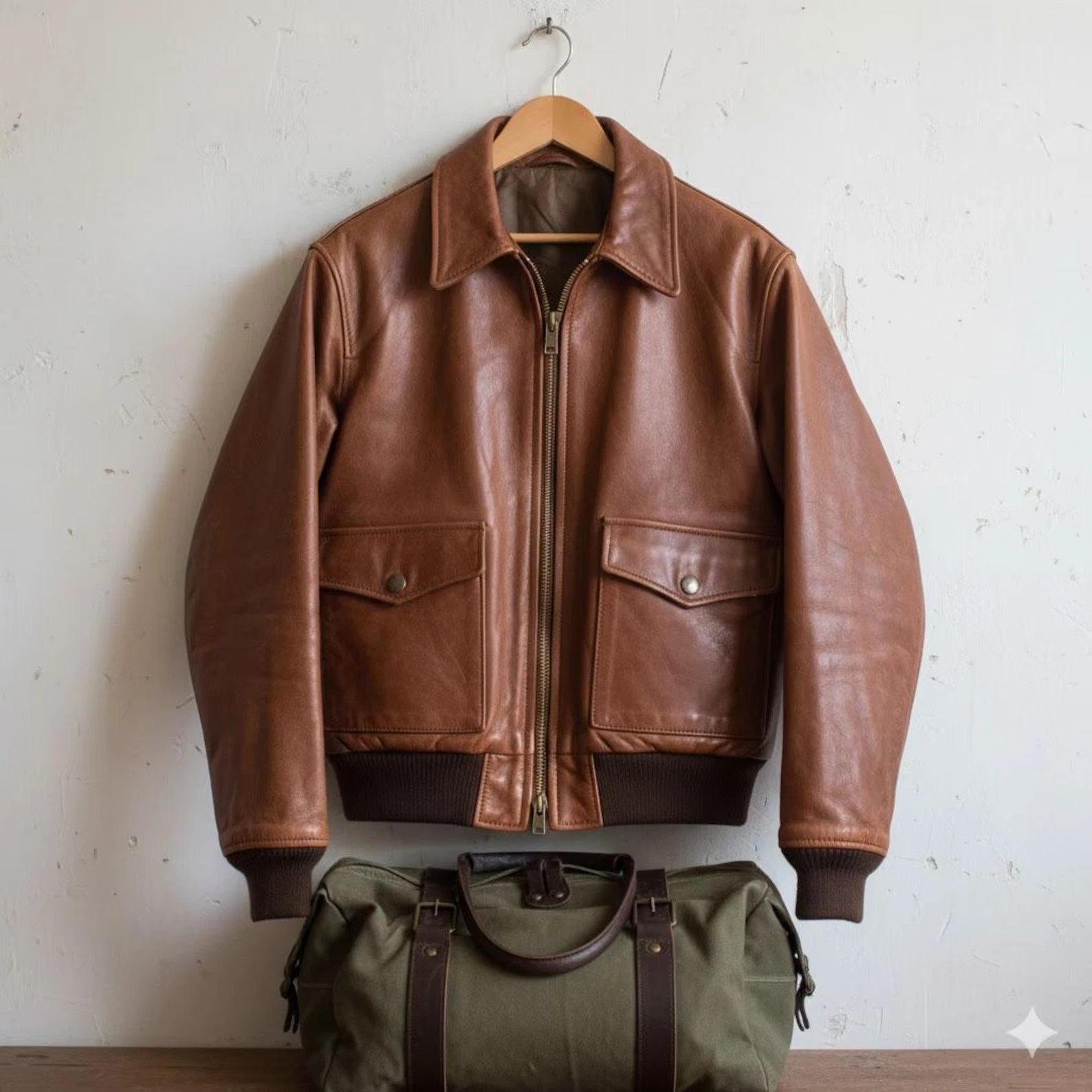 Men’s Brown Leather Bomber Jacket Classic Collared Zip Style Real Soft Leather