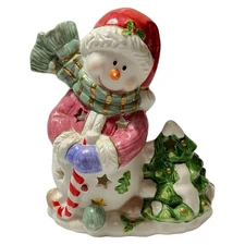 Winter Holly Snowman Tea Light Candle Holder  Scarf Hat Christmas Tree 7” Decor