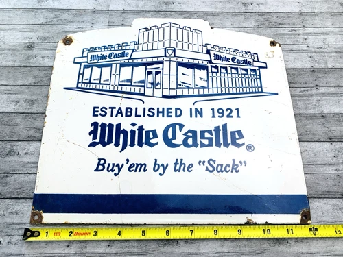 VINTAGE 12x11" WHITE CASTLE HAMBURGER FAST FOOD SODA POP GAS PORCELAIN OIL SIGN