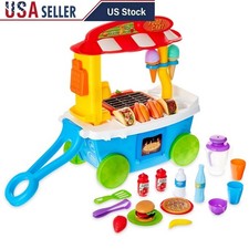 35 Piece Food Cart Playset W/ Play Food Utensils Light Up Stovetop Kids 3 New