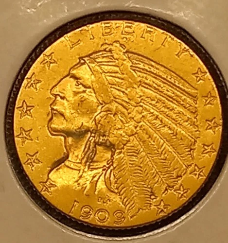 1909 GOLD US $5 DOLLAR INDIAN HEAD HALF EAGLE COIN