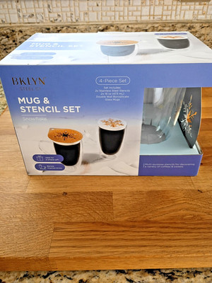 BKLYN Steel Co. Mug & Stencil Set Snowflake design double-walled glass mugs