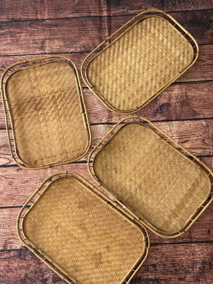 Vintage Mid Century Wicker Rattan Bamboo Serving Trays Tiki Lap Stacking- 4 - Image 3 of 4