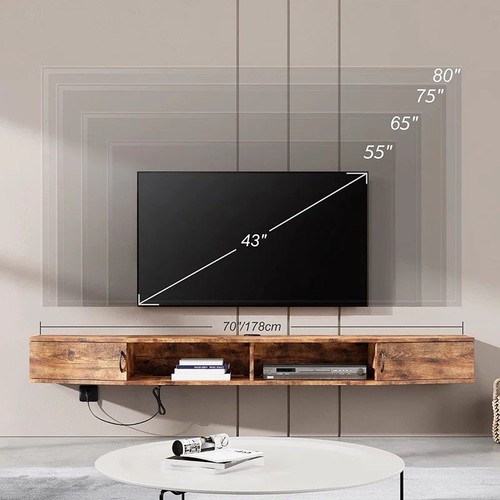 FLOATING TV STAND WAMPAT 70"x7.1”x8” Rustic Brown w/Charging Station + LED Light - Picture 3 of 6