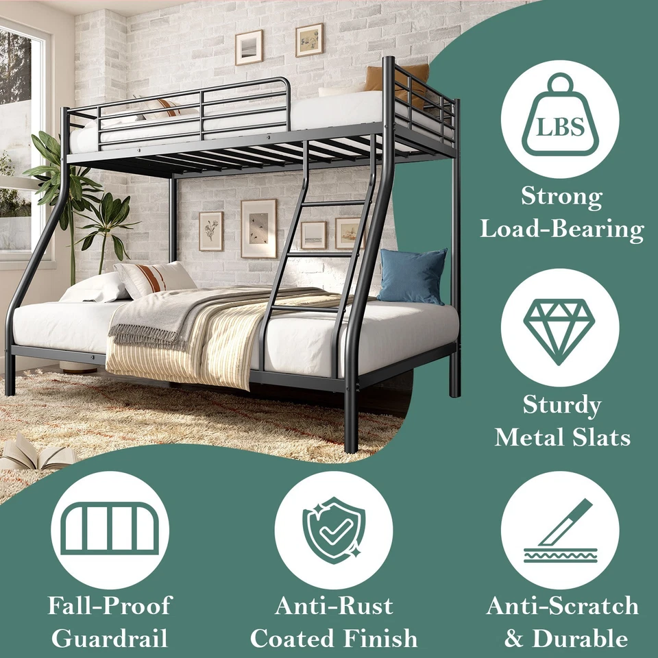 Heavy Bunk Beds Twin Over Full Size Metal Bunk Bed With Bottom Space & Guardrail - Image 4 of 4