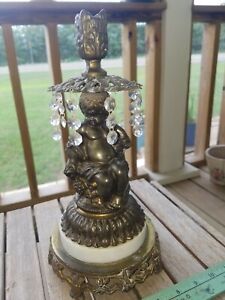 Vintage Cherub Statue Brass Marble Candle Holder With Crystals 5163 Ebay
