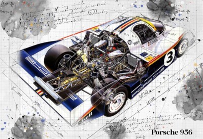 Line Tech Zeichnung Porsche 956 Auto Car Classic Cutaway Kunst Poster Druck