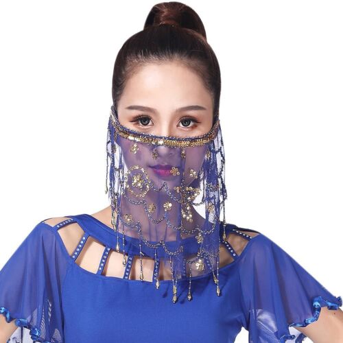 Women's Belly Dancer Veil Dance Sequin Beaded Tassel Face Veil Wear Mask Dancing - Picture 3 of 15