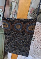 Beaded Amulet Sachet Medicine Pouch Bag Black Gold Blue Purse Vintage Small