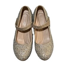 Fabulous Girls Size 4 Gold With Rhinestones Dress Or Pageant Shoes 1.5" Heel