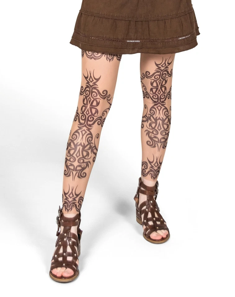 Leggings Tatuaje Mehndi Rosa Salvaje Damas, Malla Tostada Encaje Tribal Henna Blackwork Foto 2 de 4