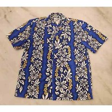 Vintage Paradise Found Mens Blue Floral Polyester Hawaii Aloha Button Up Shirt L