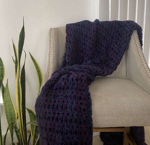 Handmade Crochet Throw Blanket Purple Eggplant w/ Teal Soft and Cozy 48 x 95
