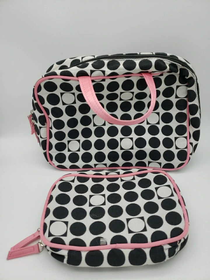 MAKEUP BAG SET WHITE W/BLACK WHITE PINK RAISED DOTS HANDLES EDGES MEDIUM... Foto 2 de 4