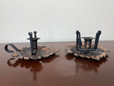 Pair of Vintage Copper Swinging Candle Holders With Veined Leaf Base Made Italy