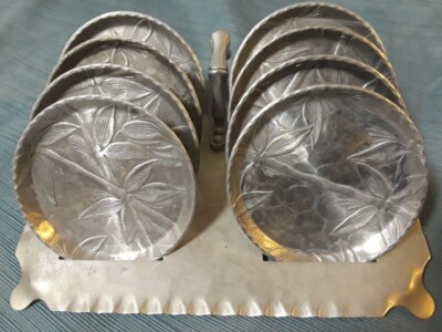 Set of 8 Everlast Forged Aluminum coaster set in Bamboo pattern & handled caddy