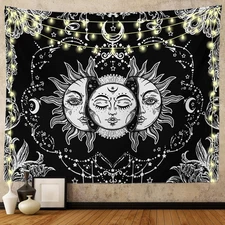 Sun and Moon Tapestry Black White Mystic Wall Hanging Decor for Bedroom Stars