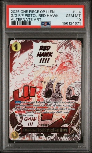 2025 ONE PIECE OP11-114 GUM-GUM FIRE-FIST PISTOL RED HAWK PSA 10