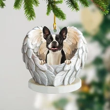 Personalized Boston Terrier Dog Angel Wings Flat Christmas Hanging Ornament Gift
