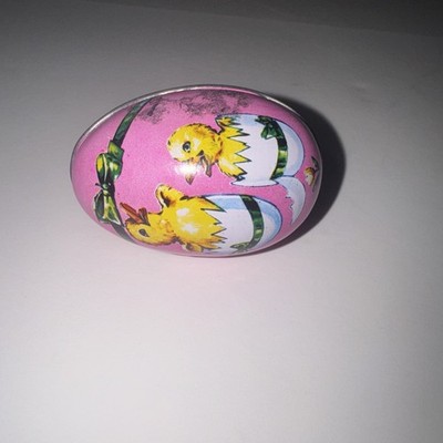 Vtg.~Murray Allen ~Tin~Lithograph~Easter Egg Candy Container~ 2 Chicks Hatching